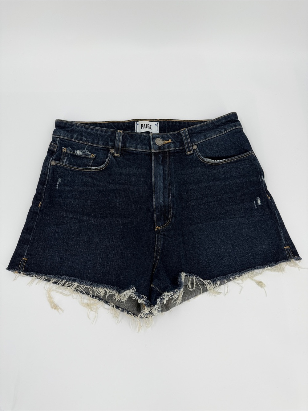 Paige Margot Dark Indigo Frayed Hem Denim Shorts